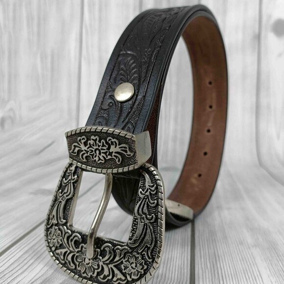 Hand Tooled Western Leather Belt – Western Cowboy Belt with 3 Piece Buckle Set - Picture 2 of 12